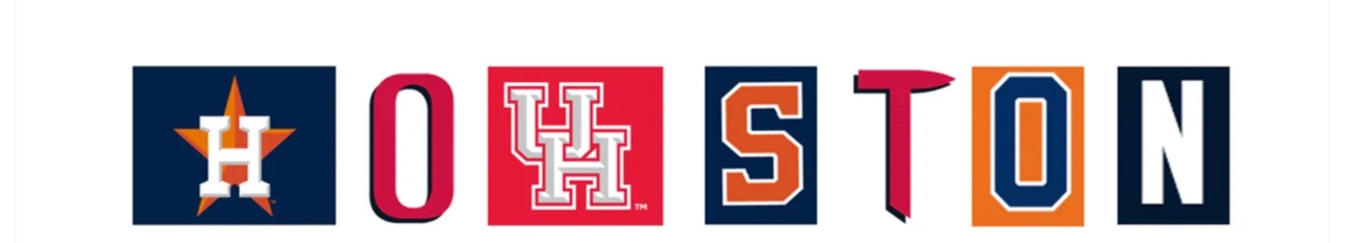 HOUSTON wordmark built from Astros, Cougars, Texans, and Rockets team marks
